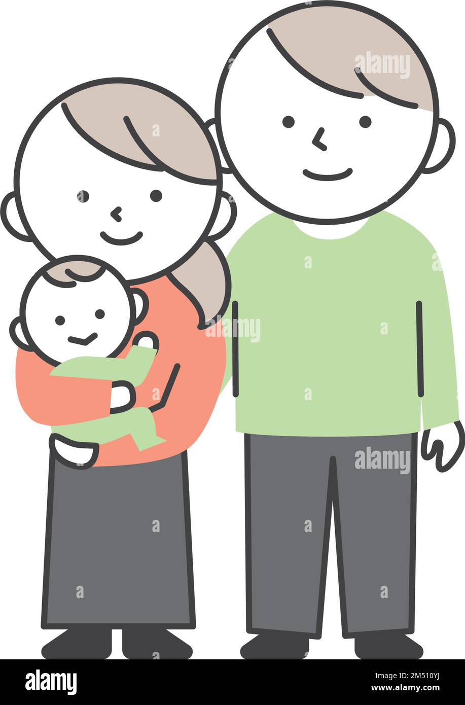 Dreiköpfige Familie, die Seite an Seite steht. Vater, Mutter und Baby. Stock Vektor