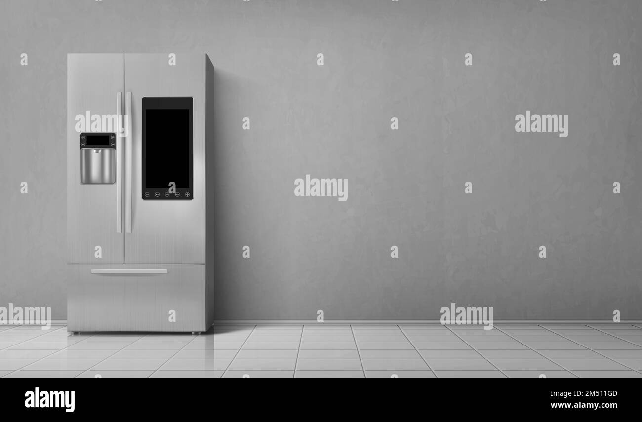 Intelligenter Kühlschrank, Kühlschrank mit Blick auf die Vorderseite mit WIFI, Digitalanzeige, Wasserspender auf Fliesenboden. Modernes Kühlschrankdesign mit zwei Kammern, realistisches 3D-Vektor-Küchengerät auf grauem Hintergrund Stock Vektor