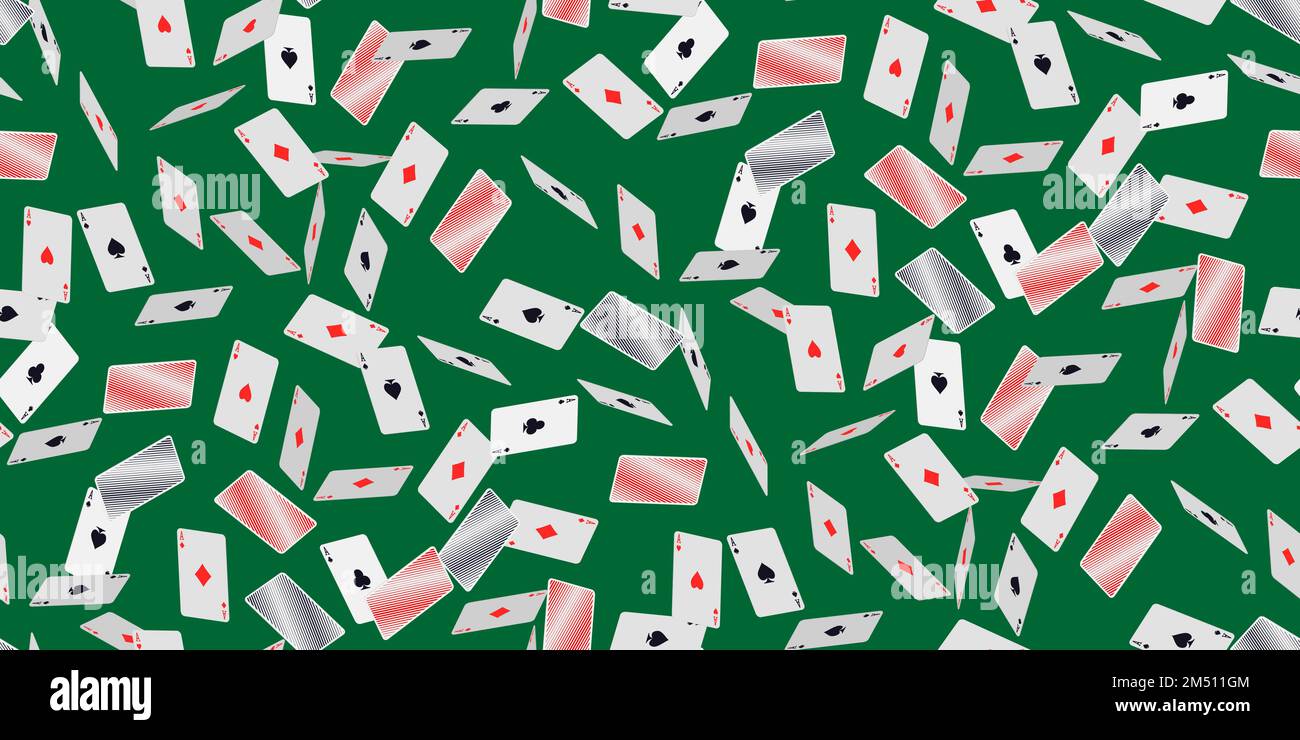 Fallende Spielkarten auf Grün. Nahtloses Muster mit herabfallenden Spielkarten mit Diamanten-, Schläger-, Herz- und Pik-Symbolen. Vektordarstellung für Stock Vektor