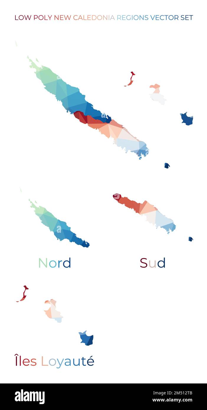 Neue kaledonische Niedrigpoly-Regionen. Polygonale Karte Neukaledoniens mit Regionen. Geometrische Karten für Ihr Design. Charmante Vektordarstellung. Stock Vektor