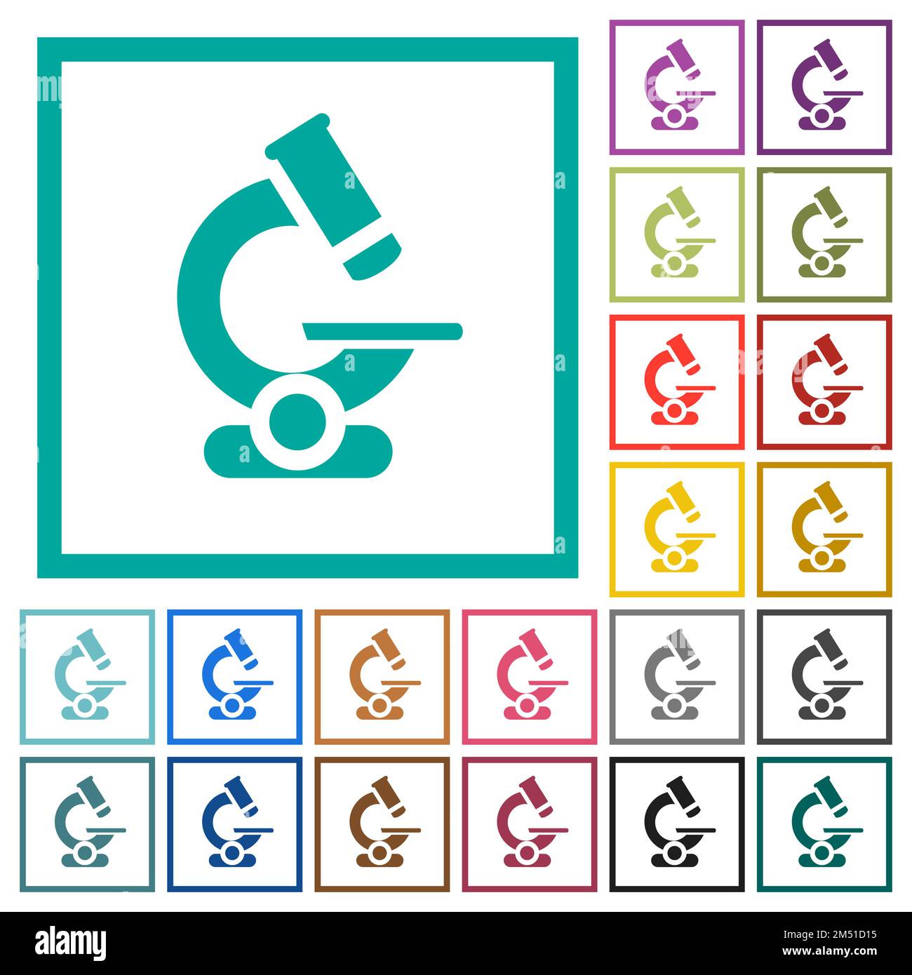 Flache Farbsymbole des Mikroskops mit Quadrantenrahmen auf weißem Hintergrund Stock Vektor