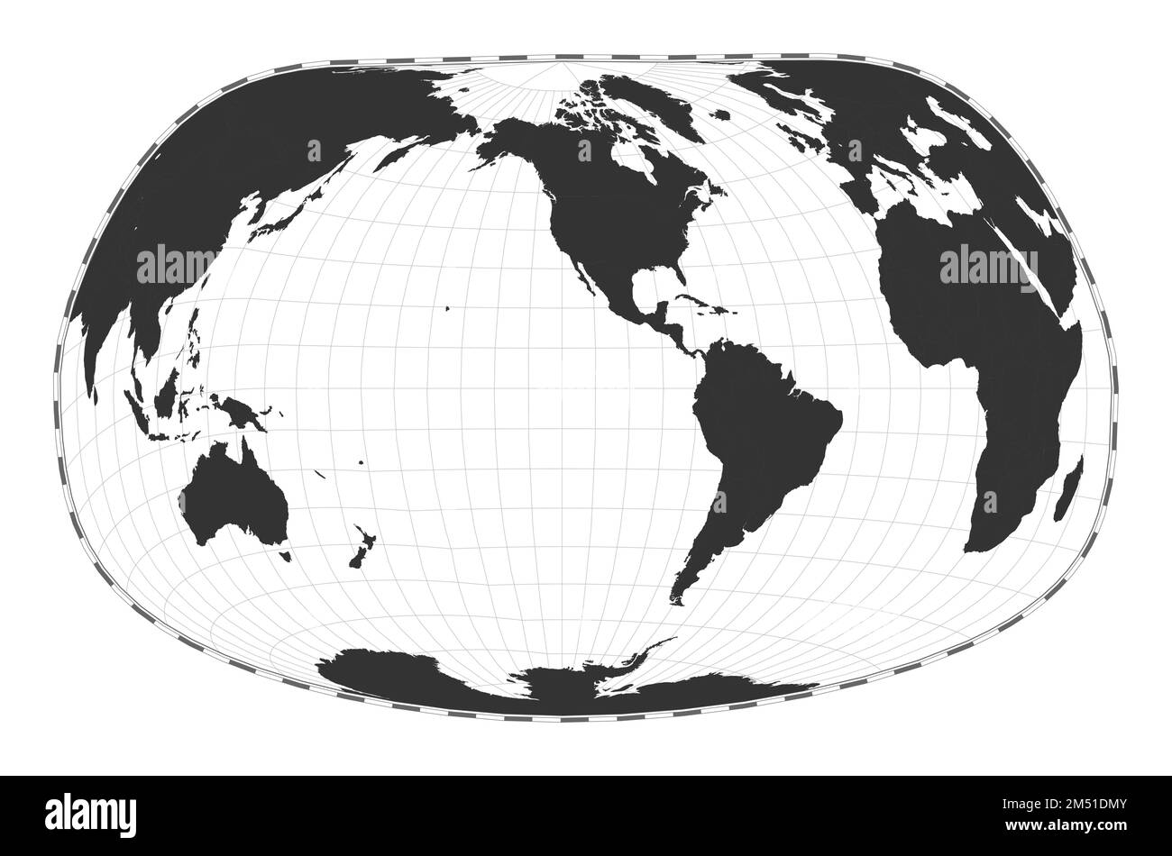 Vector-Weltkarte. Jacques Bertins Projektion 1953. Geografische Karte mit Breiten- und Längengraden. Zentriert auf 120deg E-Längengrad. Ve Stock Vektor