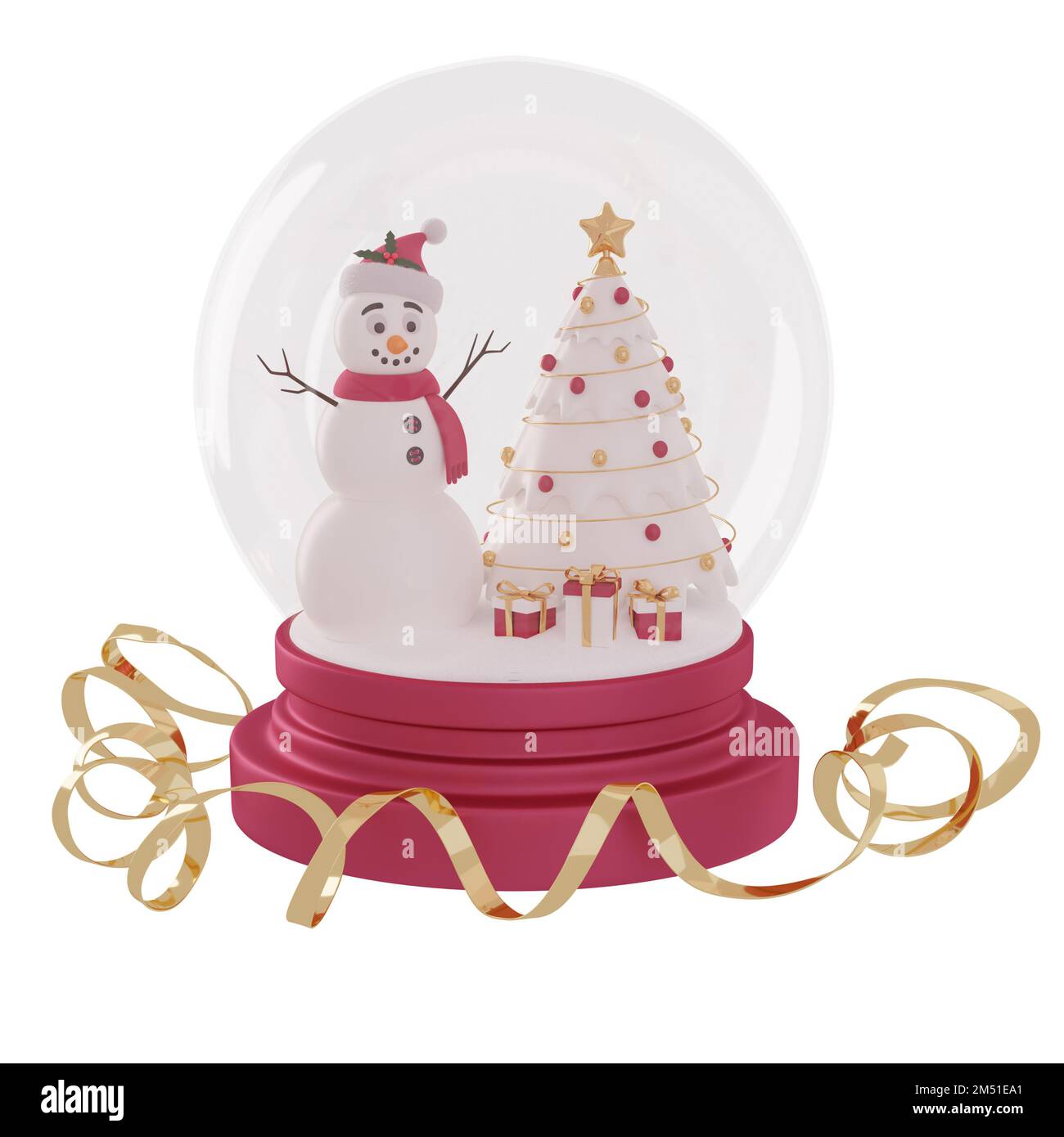 3D Rendern Sie Schneekugel mit Schneemann, Weihnachtsbaum, Geschenkschachteln und goldenem Ribbon. Festliche Dekoration in Rot und Gold zu Weihnachten, Neujahr ca. Stockfoto