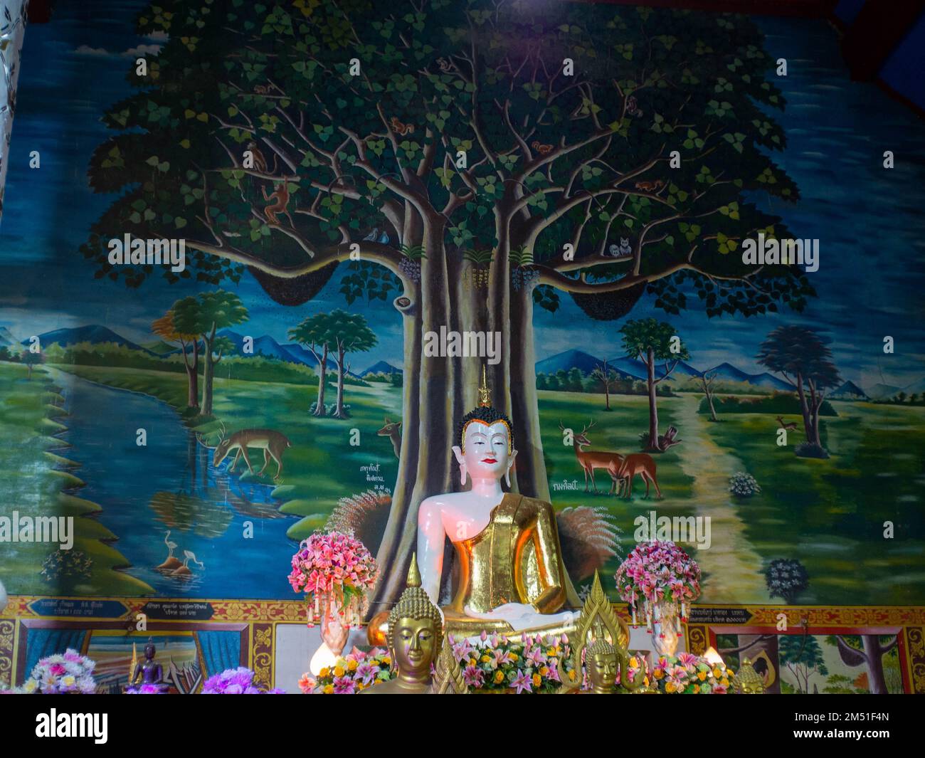 Eine Buddha-Statue mit gemaltem Hintergrund in Thungsaliam, Sukhothai, Thailand. Stockfoto