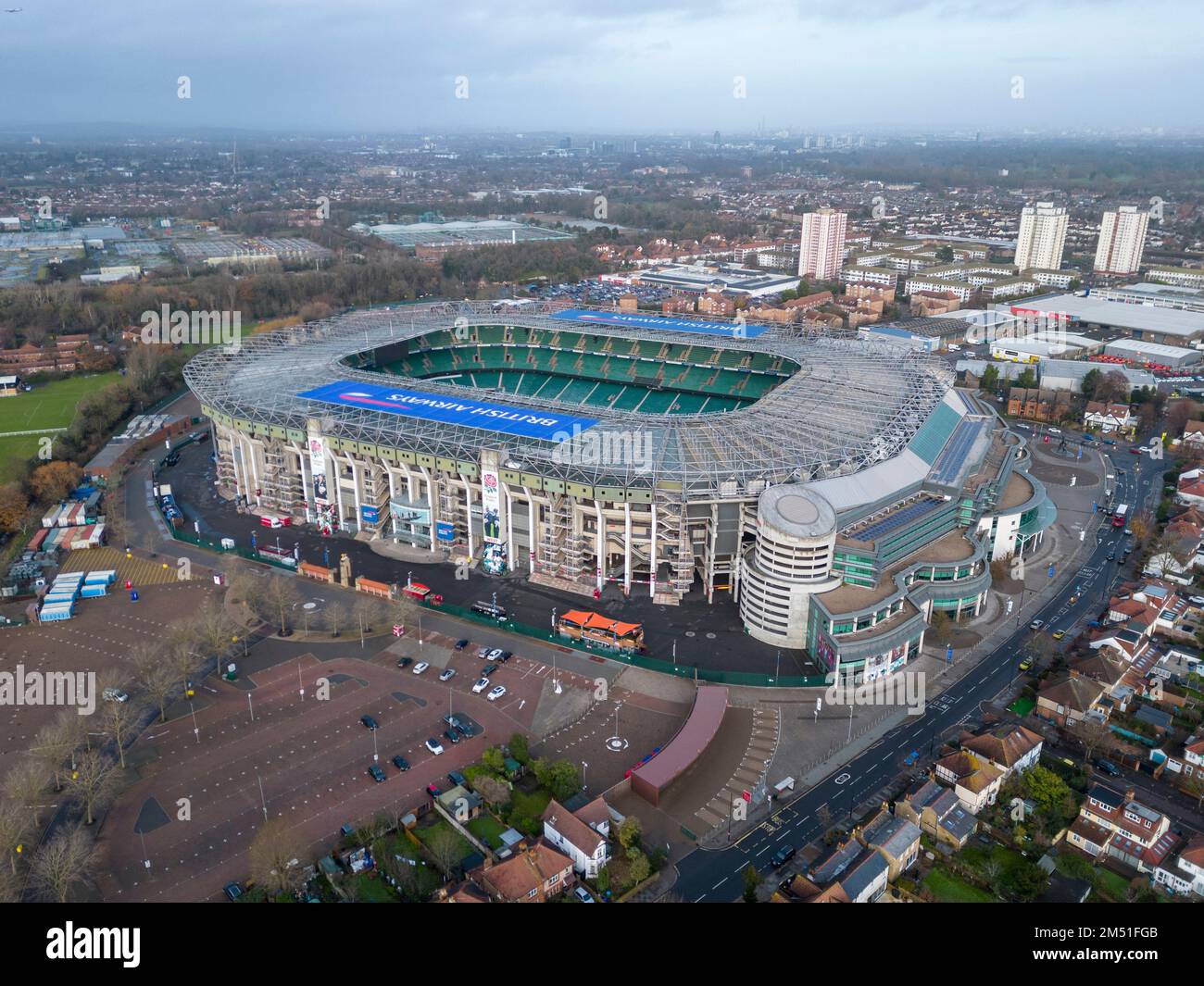 Aus der Vogelperspektive des Allianz Stadions, Twickenham, ehemals Twickenham Rugby Stadium, Heimstadion des England Rugby, London, Großbritannien. Stockfoto