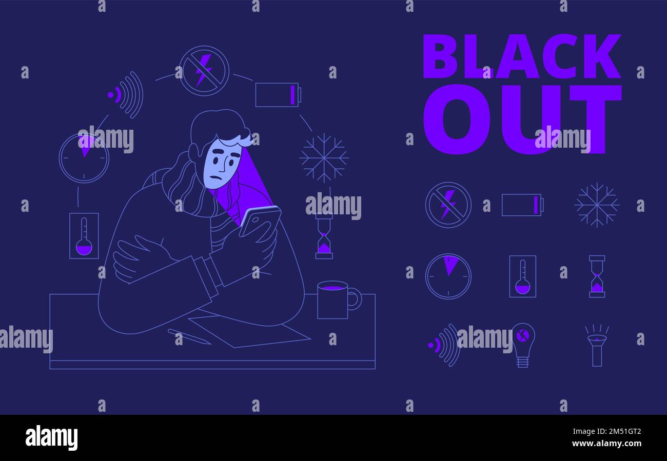 Blackout-Konzept und Symbole in linearem Stil auf dunklem Hintergrund. Vektordarstellung Stock Vektor