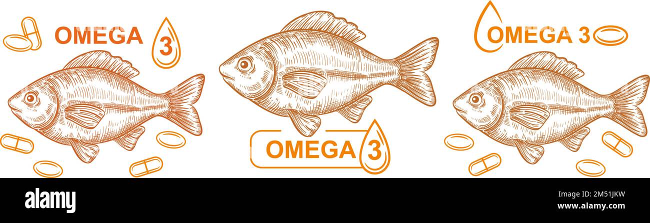 Fischöl Omega 3 Vitamin-Pille Kapsel, Meeresfrüchte, medizinische Fettsäuretablette, Diät Sea Food Ergänzung Symbolsatz. Fettes Fleisch. Gesunder Ernährungsvektor Stock Vektor