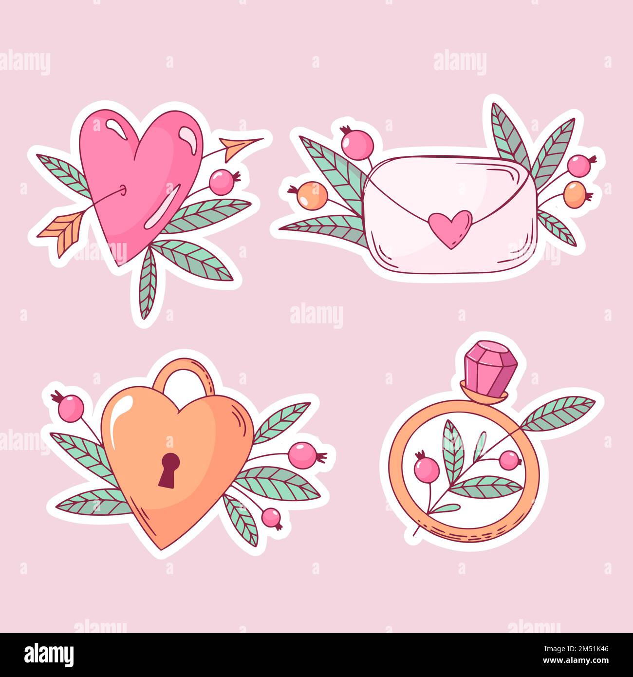 valentinstag-Aufkleber Herzensatz mit Pfeilumschlag und Edelsteinring Stock Vektor