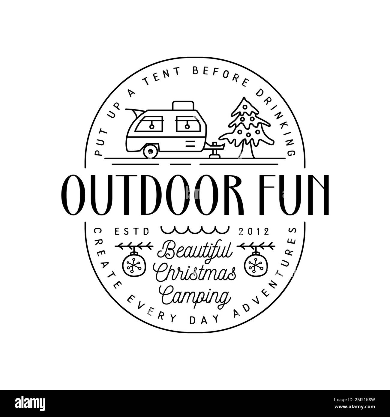 Camping-weihnachtsabzeichen mit Wohnmobil-Anhänger im Stil und Zitat – Outdoor-Spaß. Abbildungen des Reiselogos. Lageretikett Stockfoto