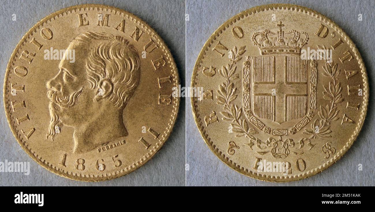 Königreich Italien, alte Goldmünze, 20 Lire, Jahr 1865, Marengo, Makrofoto vorne und hinten Stockfoto