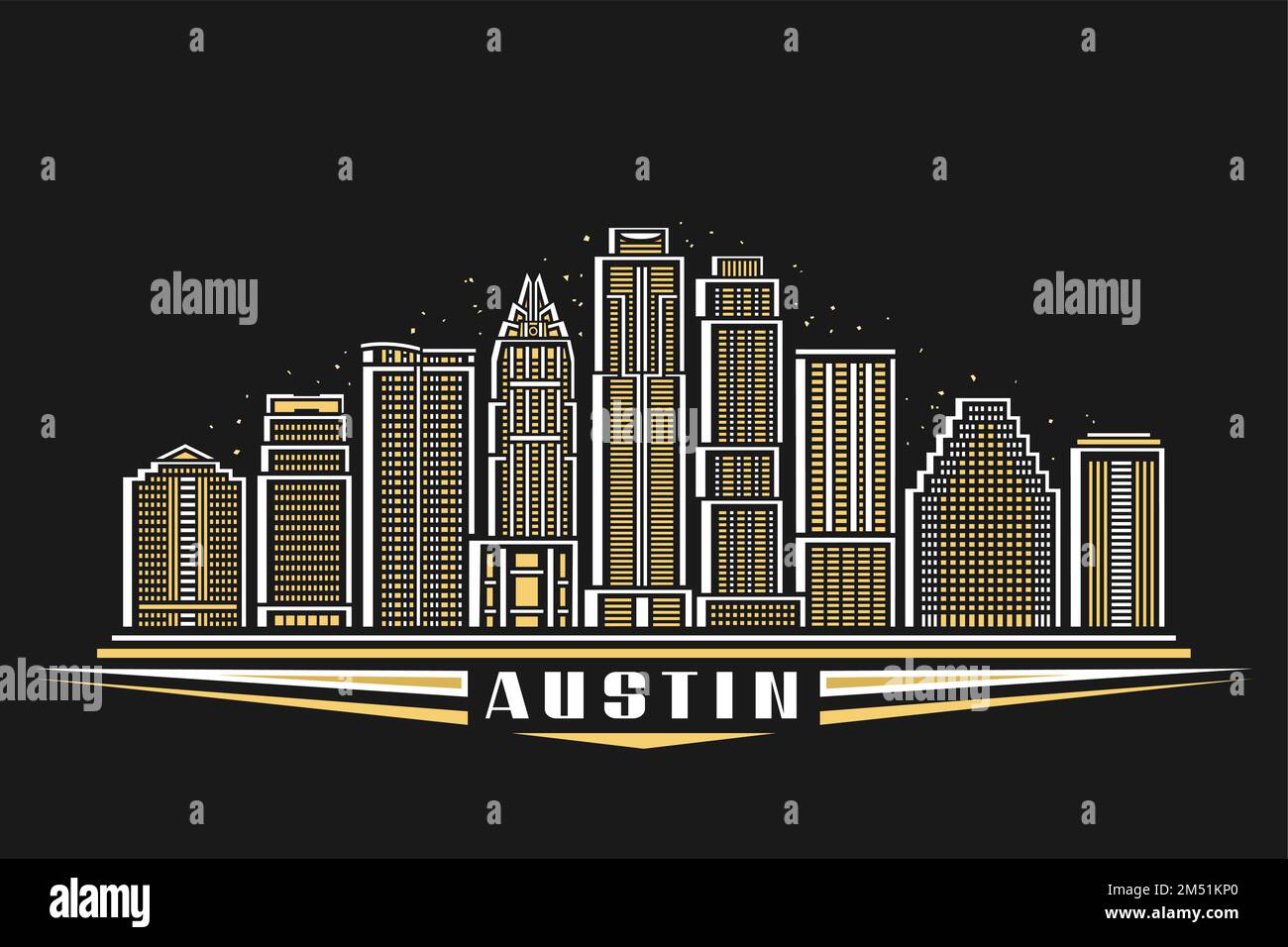 Vektordarstellung von Austin, dunkles horizontales Poster mit linearem Design, berühmte Austin Stadtlandschaft auf dunklem Himmelshintergrund, amerikanische urbane Linie Art Conc Stock Vektor