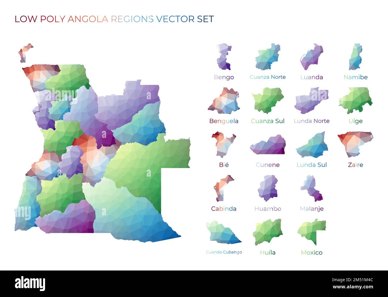 Angolanische Niederpoly-Regionen. Polygonale Karte Angolas mit Regionen. Geometrische Karten für Ihr Design. Fesselnde Vektordarstellung. Stock Vektor
