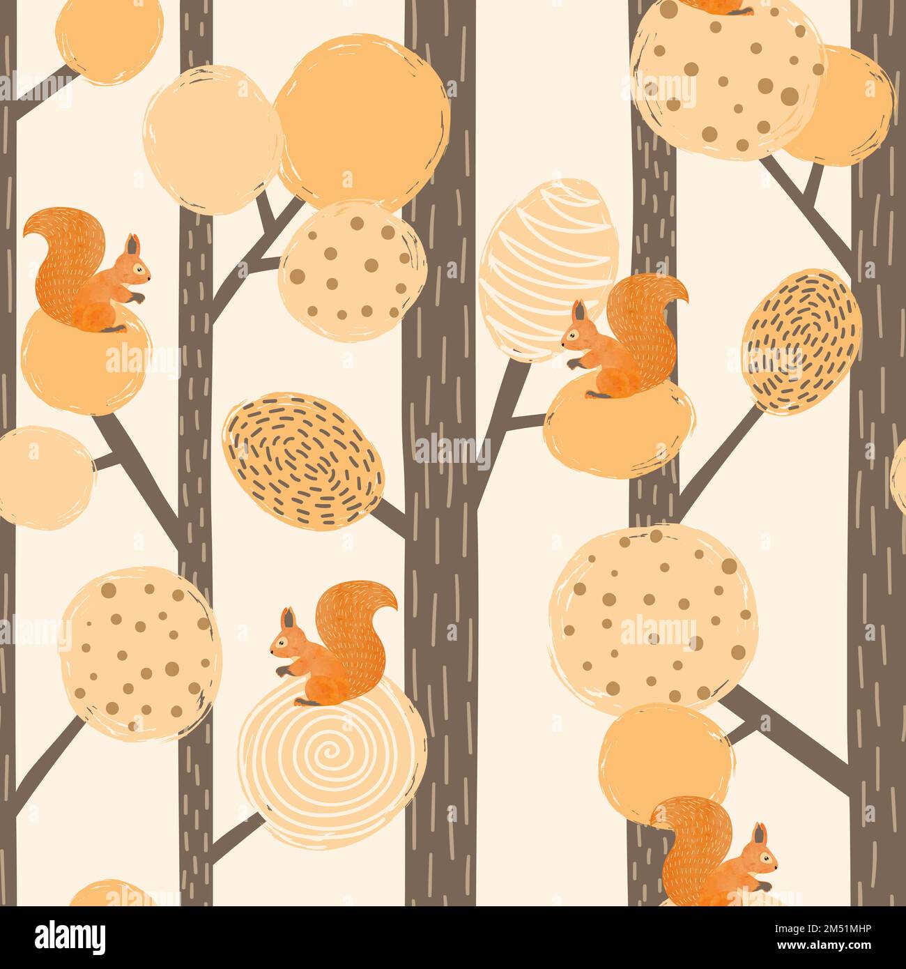 Nahtloser Vektor abstraktes Herbstwaldmuster mit Eichhörnchen und Bäumen. Stock Vektor
