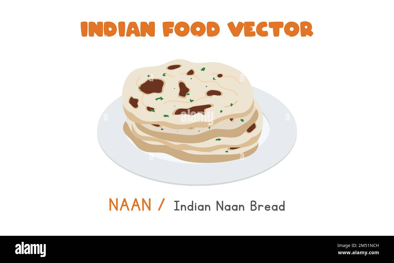 Indian Naan: Indisches Naan-Brot mit flachem Vektordesign, Darstellung eines Clipart-Cartoons, isoliert auf weißem Hintergrund. Asiatisches Essen. Indische Küche Stock Vektor