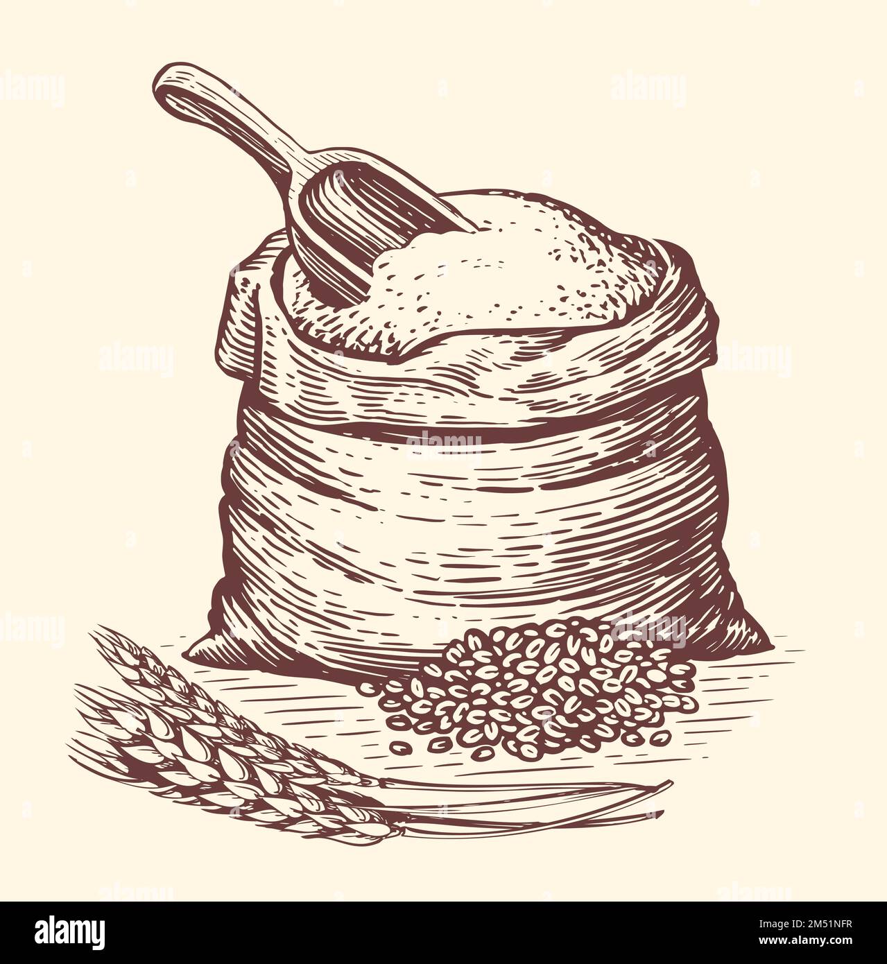 Sack oder Sack mit Vollkornbrotmehl, Gerstenkörnern, Holzlöffel und Ähren von Weizen. Skizze von natürlichem Bauernfutter Stock Vektor