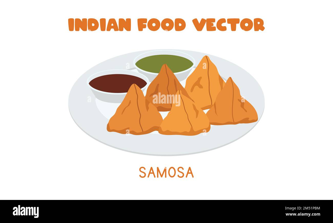 Indian Samosa - Indische Rissole oder pürige gefüllte Gebäckstücke mit Flachvektordarstellung. Samosa-Clipart-Cartoon-Stil. Asiatisches Essen. Indisches Speisekonzept Stock Vektor