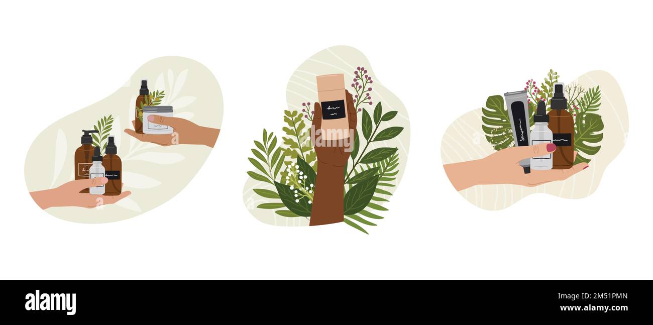 Ein Satz weiblicher Hände hält natürliche organische Kosmetikprodukte in Flaschen, Gläser zur Hautpflege mit abstrakter Form und Grün. Reinigungsmittel, Tonner, Serum, oi Stock Vektor