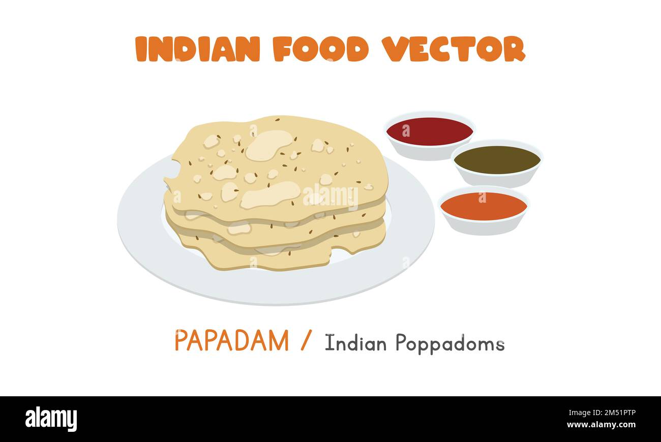 Indian Papadam – Indische Poppadome mit Dipping Sauce, Abbildung eines flachen Vektors. Indische knusprige und knusprige poppadom-Clipart-Cartoon. Asiatisches Essen Stock Vektor