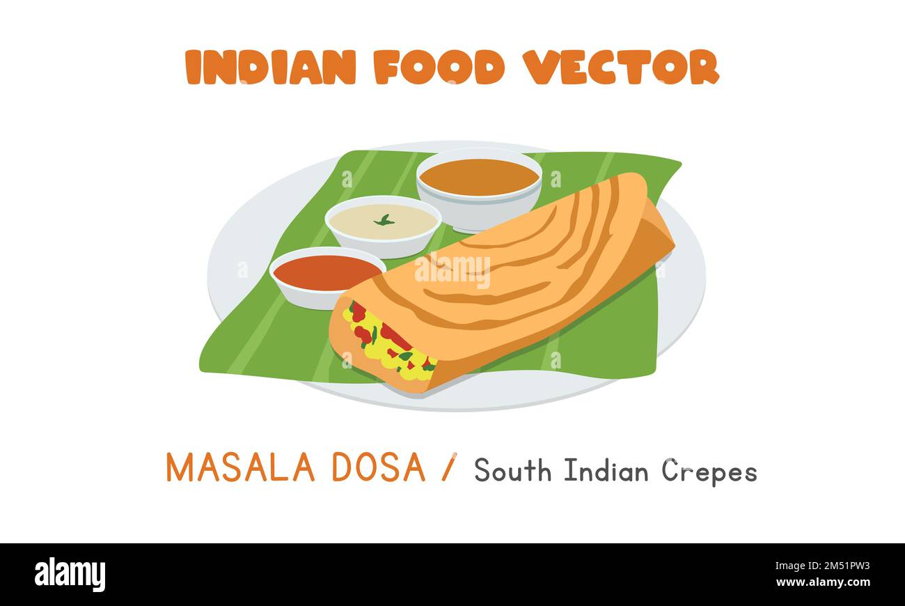 Indian Masala Dosa - südindische Crepes-Flachvektordarstellung isoliert auf Weiß. Masala Dosa Clipart Cartoon-Stil. Asiatisches Essen. Indische Küche Stock Vektor