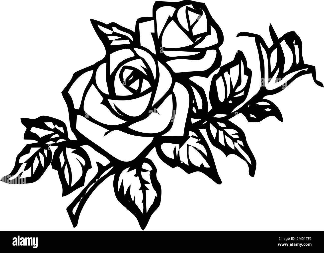 Schwarze Konturzeichnung eines blühenden Zweigs einer Rose mit Blättern auf weißem Hintergrund, isoliertes Element, Dekor Stockfoto