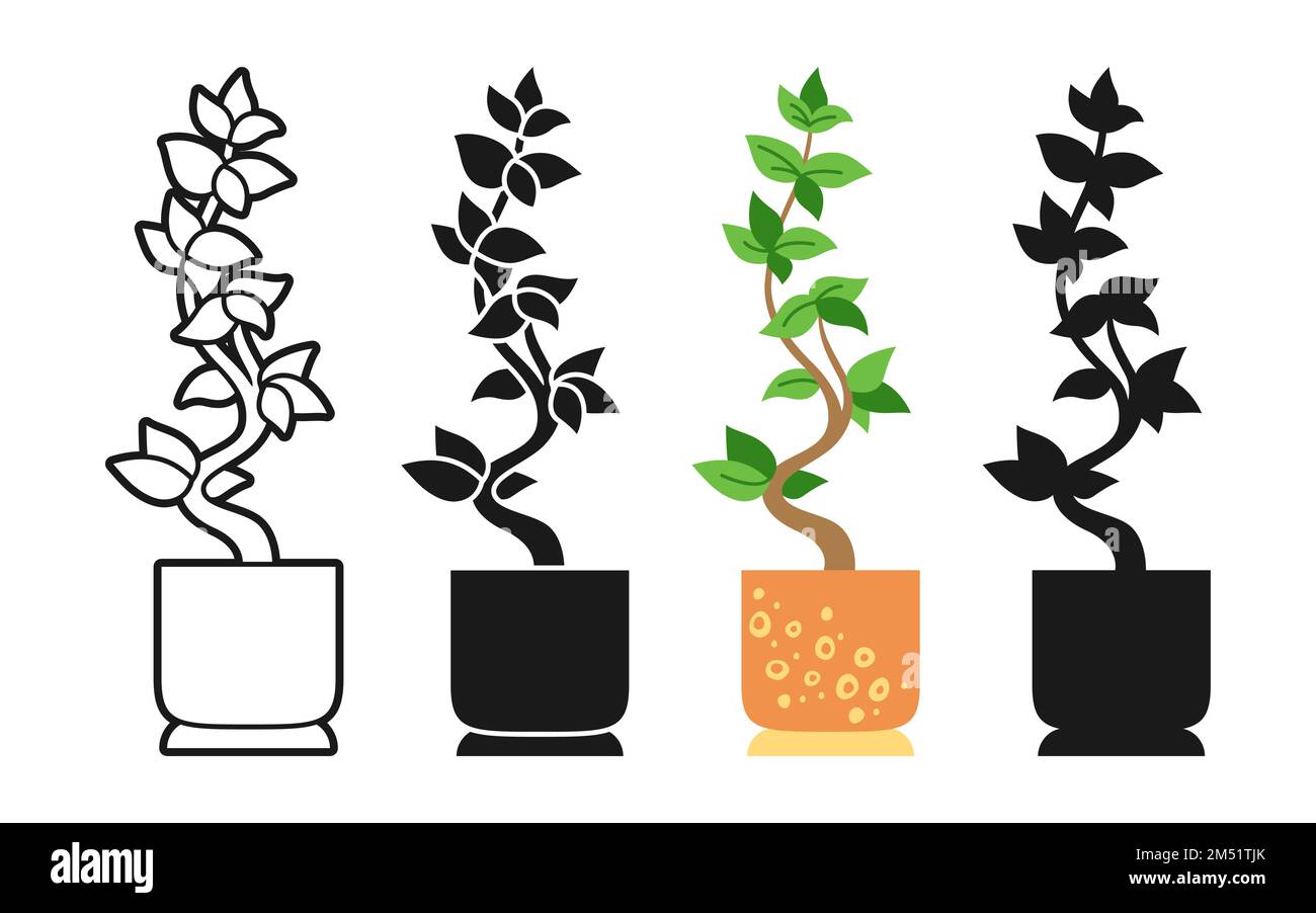 Hauspflanze im Blumentopf-Zeichentrickset. Kollektion im Blatttopf-Keramik-Doodle-, Linien- oder Silhouettenstil. Moderne Bo-Ho-Zimmerpflanze im Topf Innenraum natürlich trendy Dekor Stempel Vektor Stock Vektor