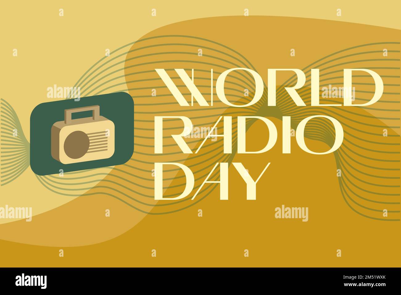 Vertikales Banner für den World Radio Day in der Sendung, kreativ. Februar 13. In einem realistischen Stil, das Funkgerät auf einem grünen abstrakten Hintergrund. Vektor Stock Vektor