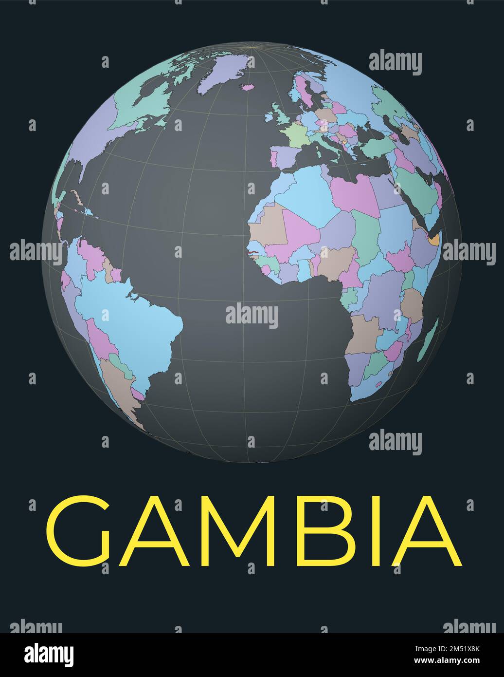 Weltkarte mit Schwerpunkt auf Gambia. Rotes Land hervorgehoben. Satellitenansicht der Welt mit dem Namen des Landes. Vektorabbildung. Stock Vektor