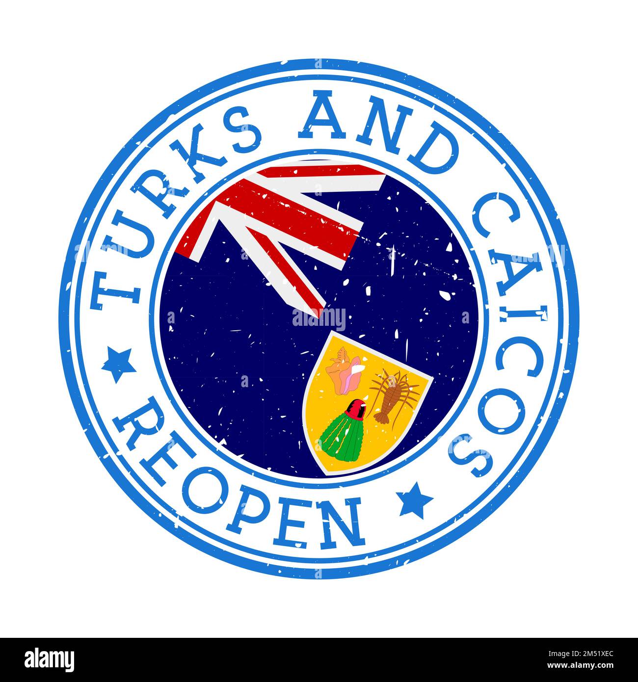Turks und Caicos eröffneten die Briefmarke wieder. Rundes Abzeichen des Landes mit der Flagge der Türken und Caicos. Wird nach dem Sperrzeichen wieder geöffnet. Vektorabbildung. Stock Vektor