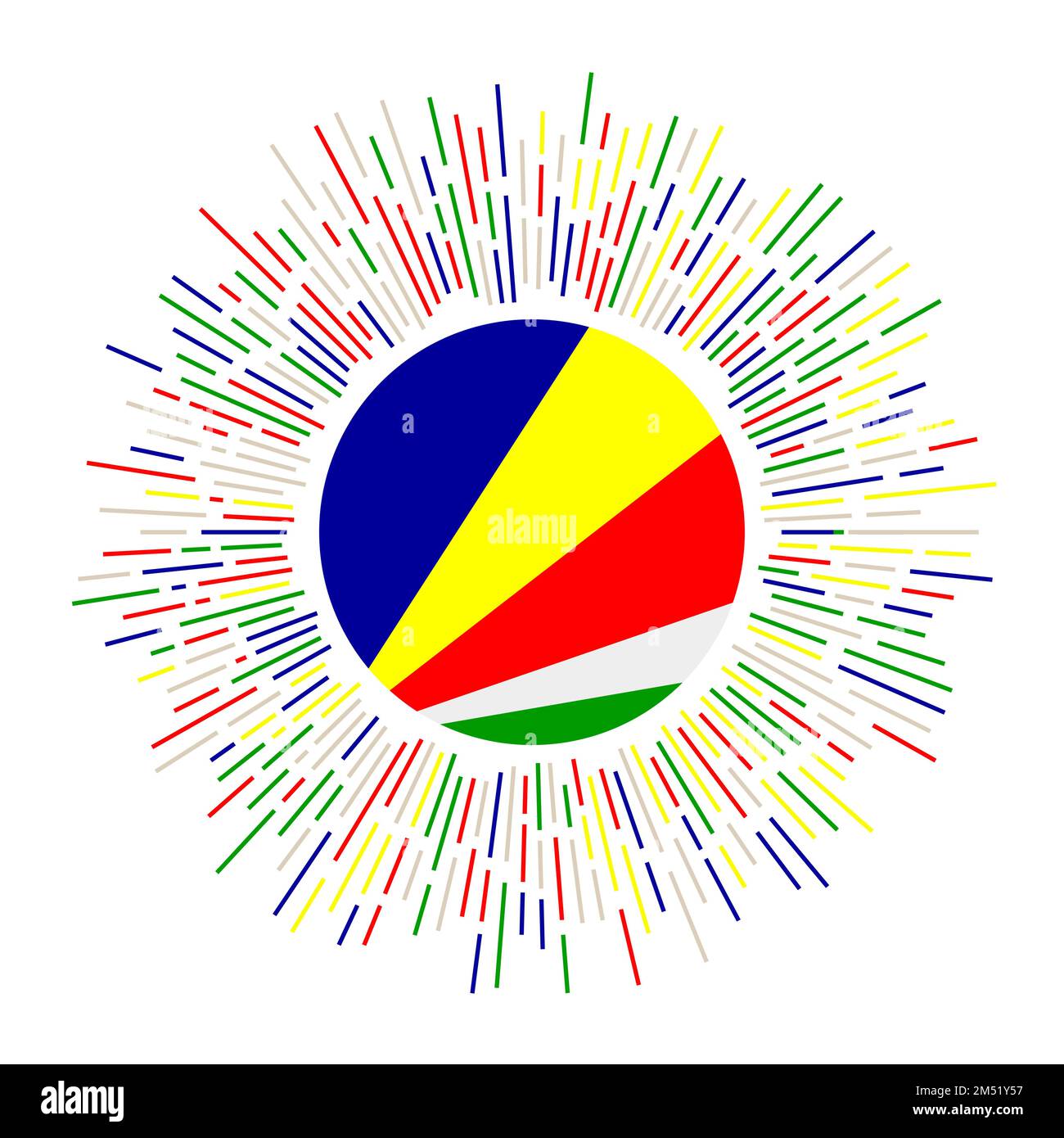 Seychellen-Zeichen. Landflagge mit bunten Rochen. Strahlender Sonnenschein mit Seychellen-Flagge. Vektordarstellung. Stock Vektor