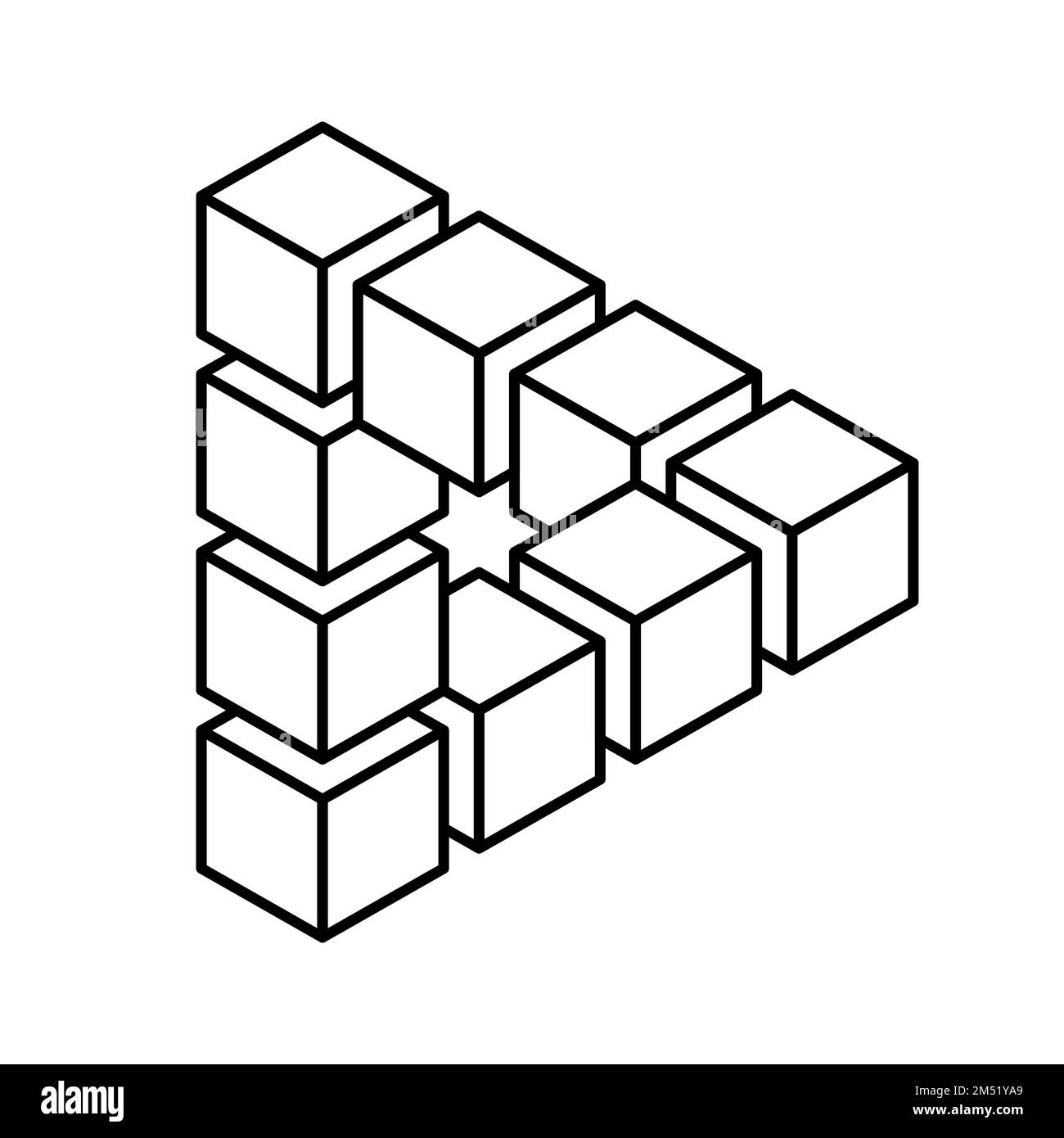 Unmögliches Dreieck aus Würfeln. Reutersvard optische Täuschung. Symbol für visuelle Effekte. Heilige Geometrie. Lineare 3D-Figur. Infinity-penrose-Vektor Stock Vektor