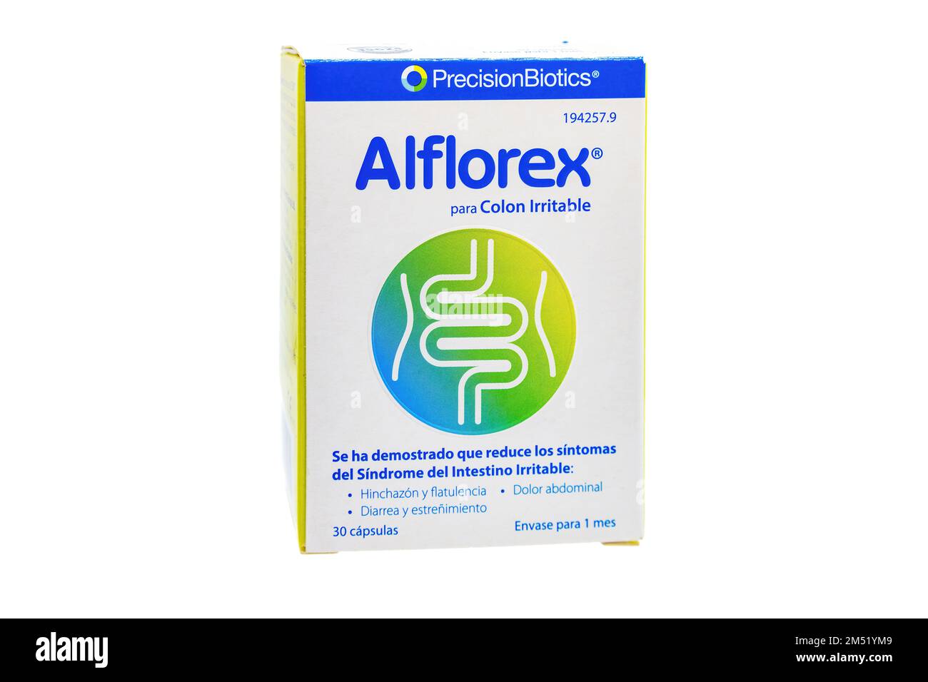 Huelva, Spanien - 24. Dezember 2022: Spanische Box von Alflorex. Es ist ein Probiotikum für Reizdarmbeschwerden, Blähungen, Bauchschmerzen, Gas, a angezeigt Stockfoto