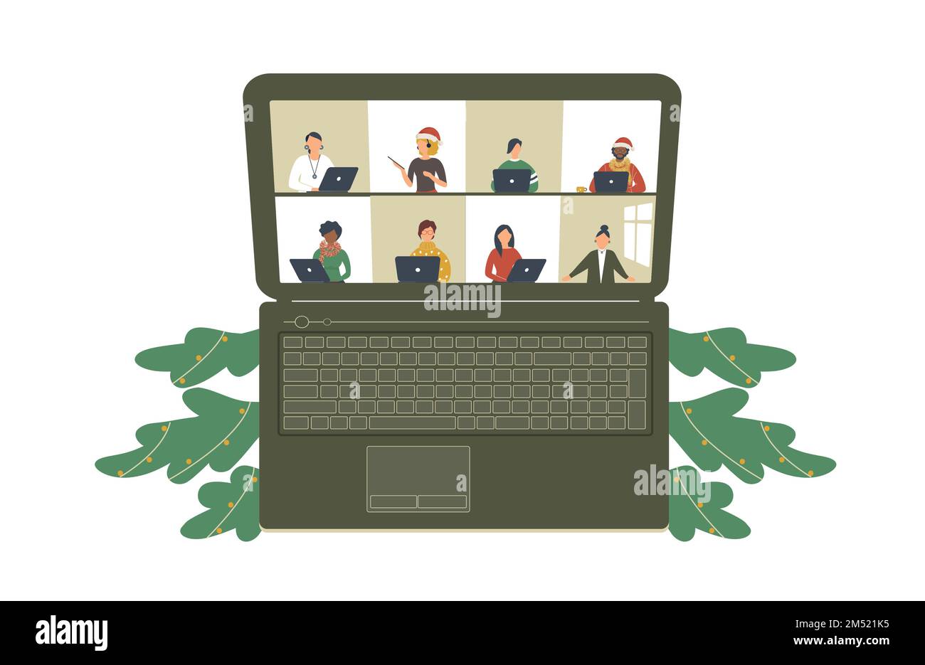 Das Konzept der Weihnachtsvideokonferenz, des Fernunterrichts oder des Online-Trainings. Laptop mit vielen offenen Fenstern auf der Internetseite Stock Vektor