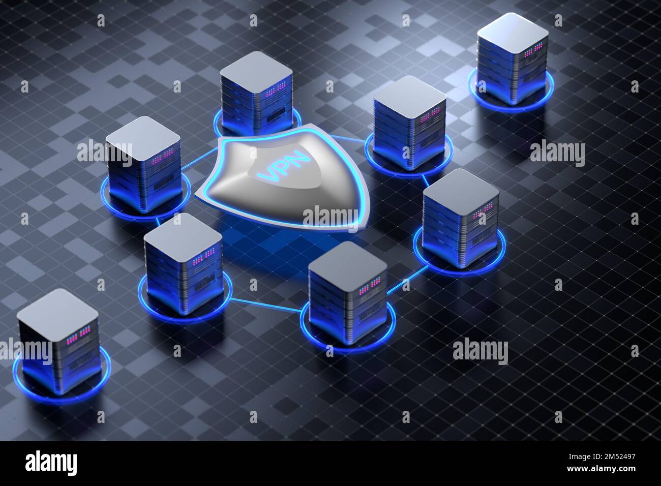 Big Shield mit VPN-Software oder Plugin. Anwendung für sichere Verbindung, Datenverschlüsselung. Virtuelles privates Netzwerk. Remote-Server, Cloud-Technologien Stockfoto