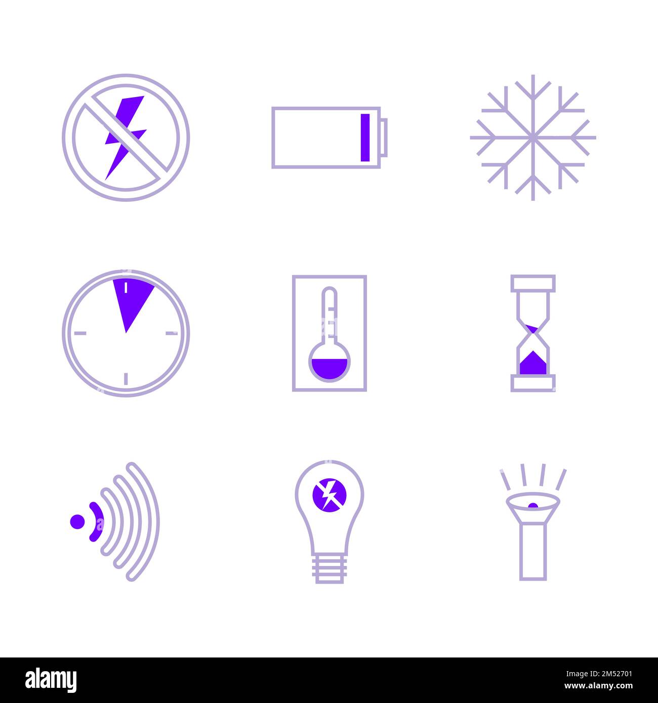 Satz linearer Symbole im Zusammenhang mit Stromausfällen. Vektordarstellung Stock Vektor