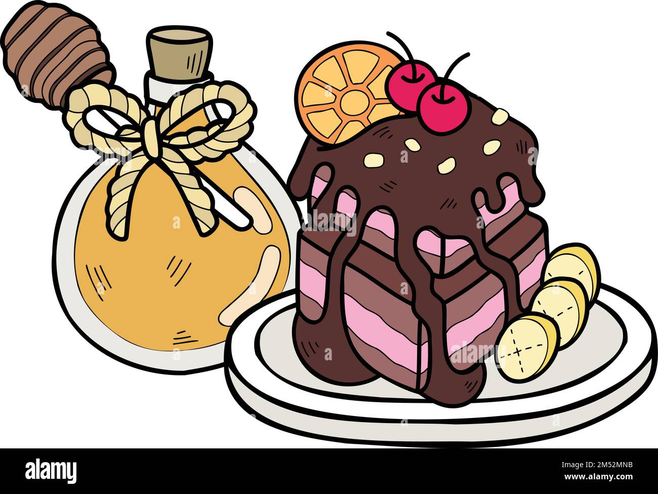 Handgezeichneter Schokoladenkuchen mit Illustration von Honig im Hintergrund Stock Vektor