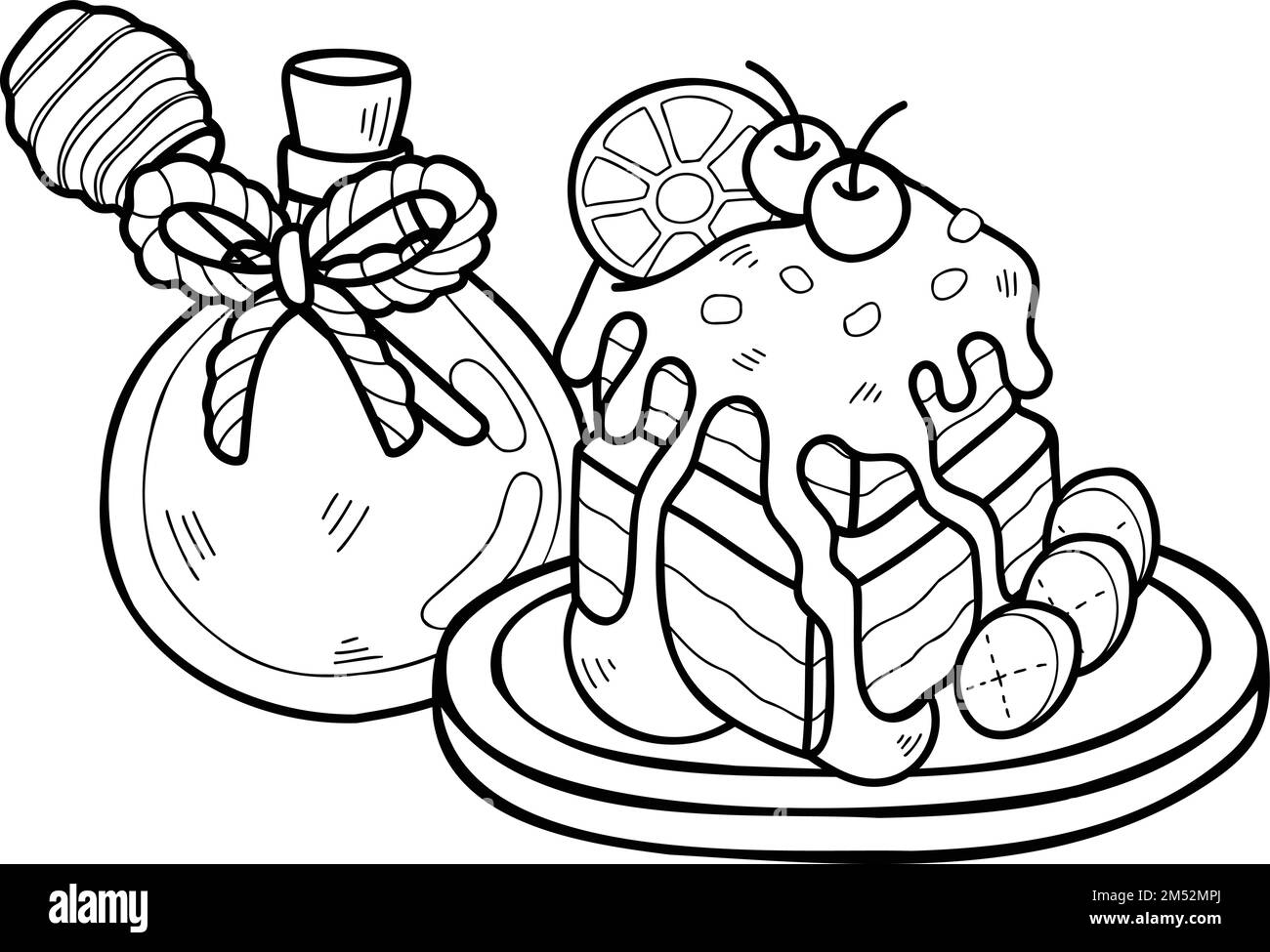 Handgezeichneter Schokoladenkuchen mit Illustration von Honig im Hintergrund Stock Vektor