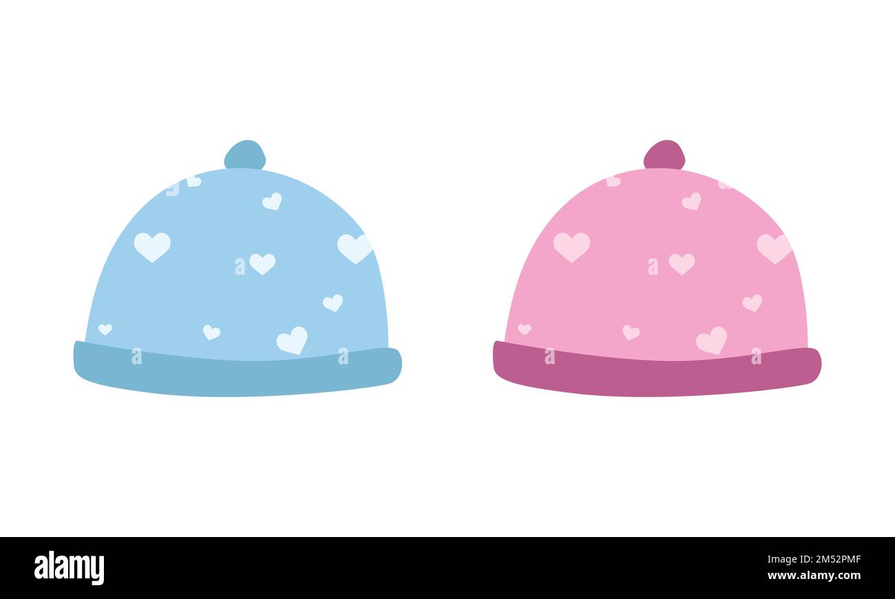 Vektorset mit blauer und pinkfarbener Babymütze für Jungen und Mädchen Clipart. Einfache süße Baby Winterhüte flache Vektorzeichnung. Gestrickte Babymütze im Cartoon-Stil Stock Vektor