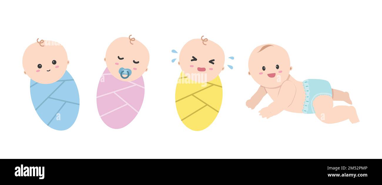 Vektorset mit süßen Babys Clipart. Einfaches süßes Baby mit verschiedenen Emotionen, in blauer, pinkfarbener, gelber Bettdecke und blauer Windel eingewickelt Stock Vektor