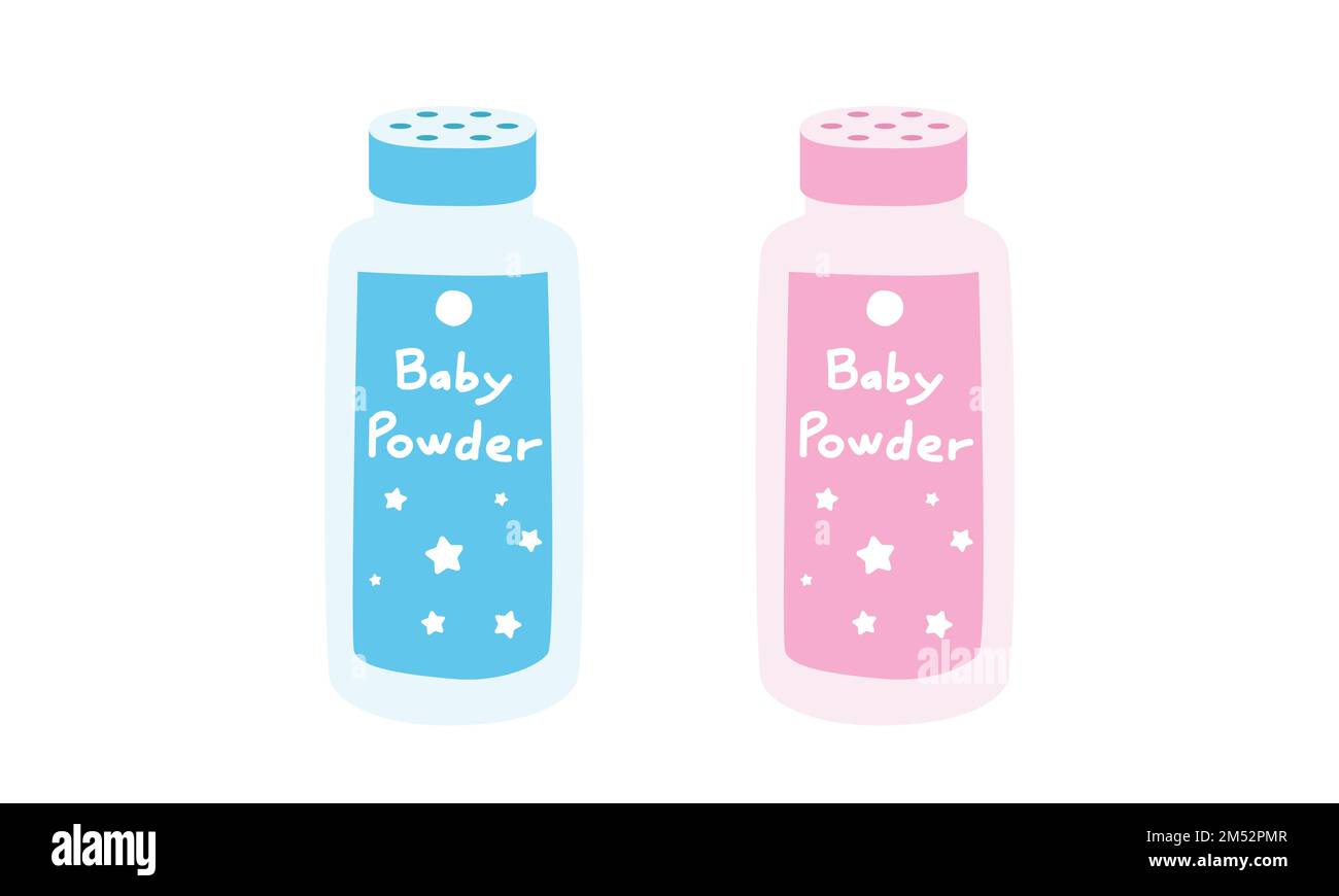 Babypulverflasche Clipart. Einfache blaue und rosafarbene Flaschen mit Baby-Talkumpuder, flache Vektordarstellung. Plastikflaschen mit Babypuder Stock Vektor
