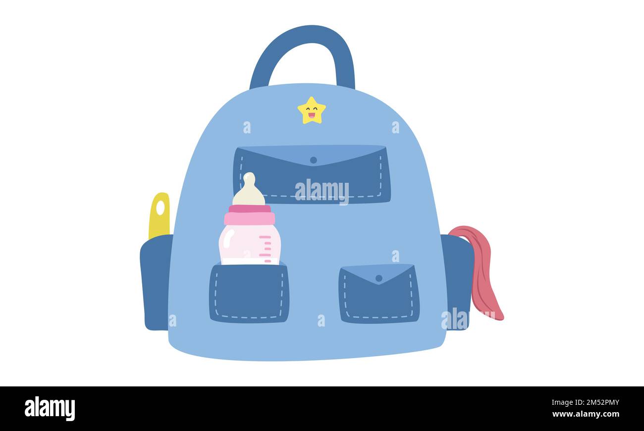 Baby-Tasche-Clipart. Einfache niedliche blaue Muttertasche mit Babyflasche, Handtuch, Flaschenbürste, Flachvektordarstellung. Babytasche im Cartoon-Stil Stock Vektor