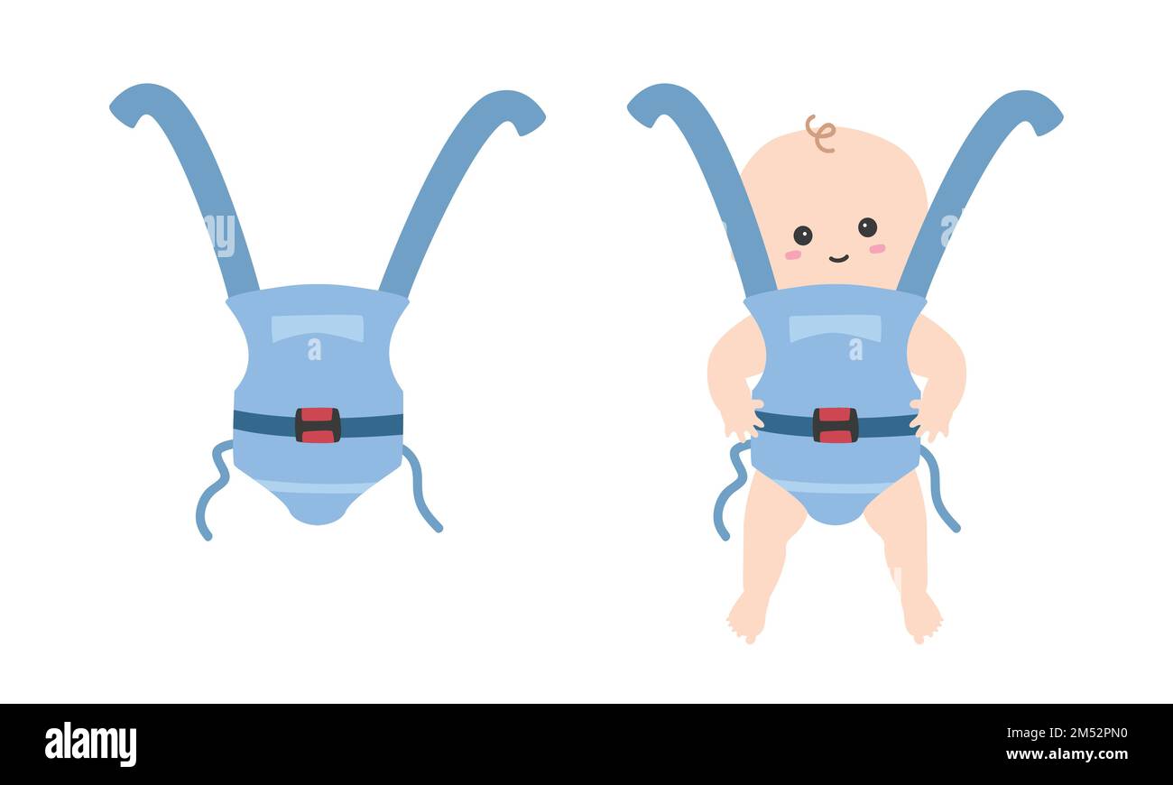 Blaue Babyschlinge-Clipart. Einfache, süße kleine Baby-in-Sling-Flachvektordarstellung. Babytragetasche für Babys im Wickelträgerstil. Kinder, Babyparty Stock Vektor