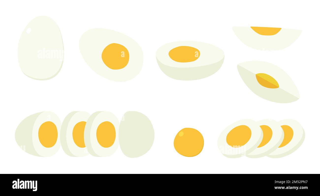 Vektorset aus geschnittenem hart gekochtem Eischixat. Einfache ganze, halbe, Viertel, geschnittene, gekochte Eier, flache Vektordarstellung. Gekochtes Hühnerei Stock Vektor