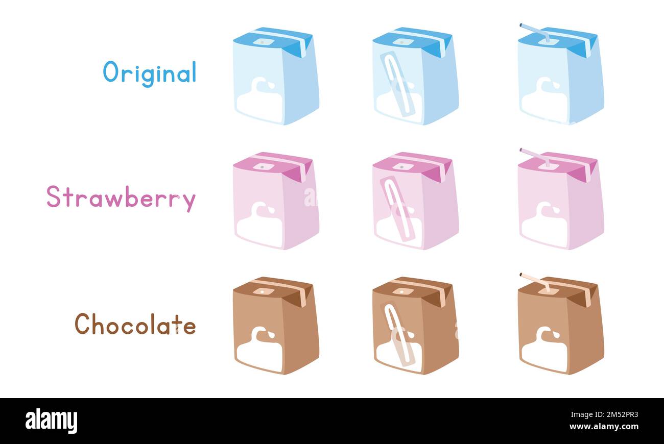 Set aus normalem, Erdbeeren- und Schokoladenmilchkarton mit Vektordesign. Blaue, rosafarbene, braune Milchkartons mit Stroh-Clipart. Milchkartons Stock Vektor