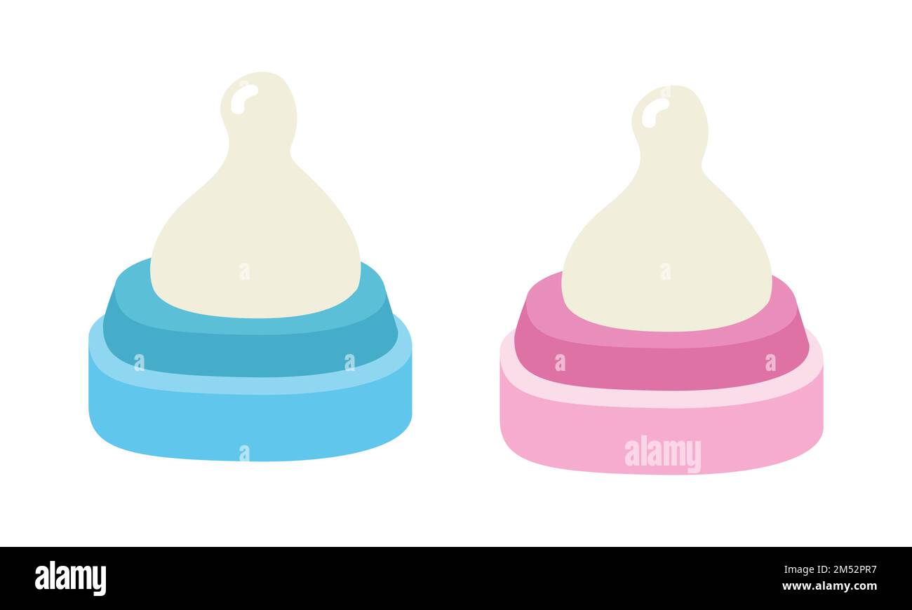Set mit blauen und pinkfarbenen Nippeln für Babyflaschen. Einfacher, niedlicher Latexnippel zum Abdecken der Flasche Flachvektor, isoliert auf Weiß Stock Vektor