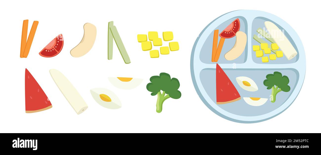 Baby-geführtes Fütterungsfutter. Baby-Leaf-Fütterungswaschplatte mit Fingerfood für die Abbildung eines flachen Vektors mit Selbstnahrung durch das Kind. Karotten, Tomaten, Bananen Stock Vektor