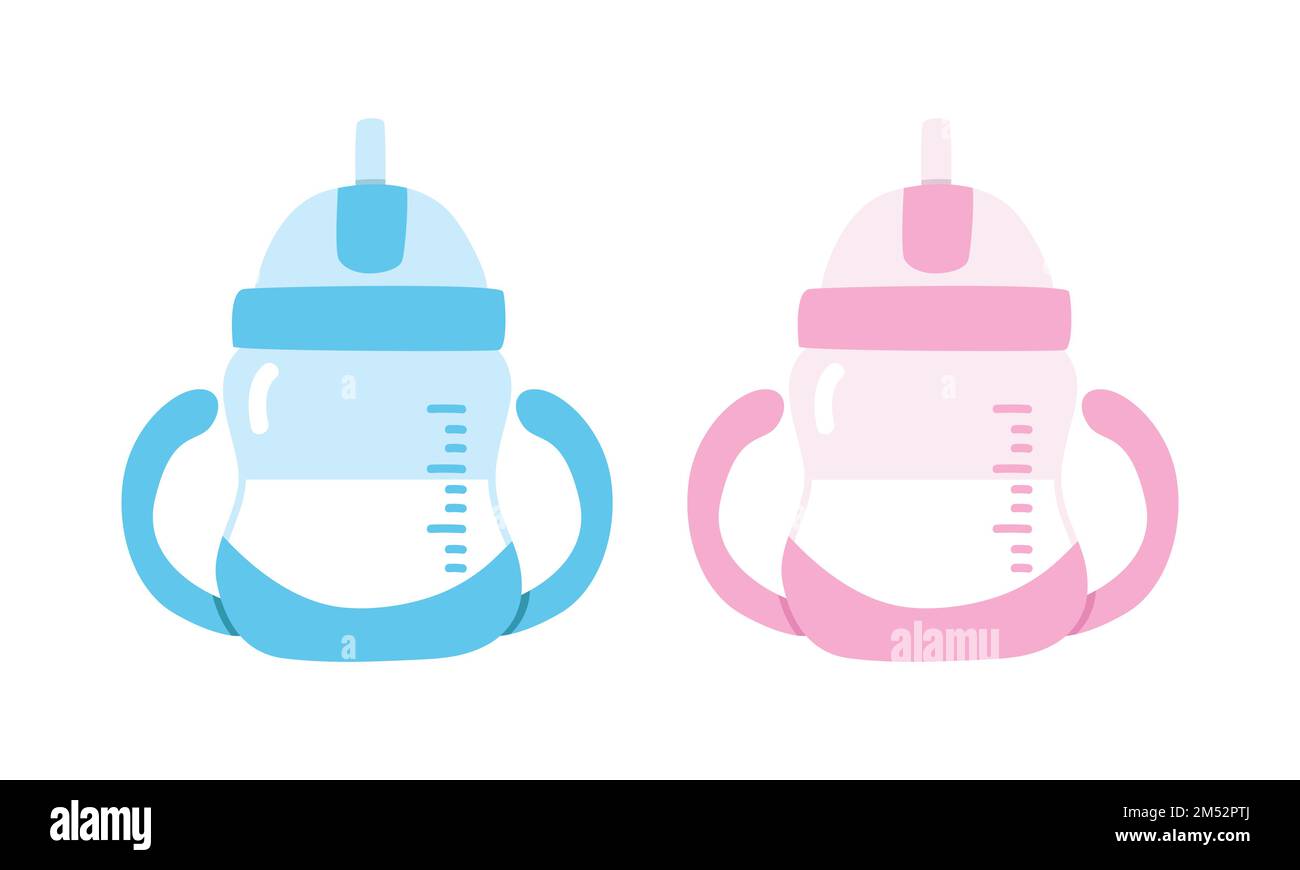 Vektorset mit blau-pinkfarbenem Klappbecher-Clipart für Babys. Einfache niedliche Babywasserflasche für Kinder, die einen flachen Vektor trinken. Babysippbecher-Zeichentrickfilm Stock Vektor