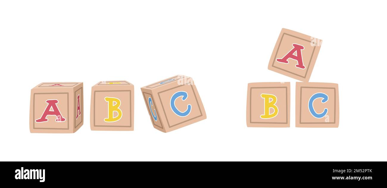 Die Buchstabenblöcke aus Holz für Babyspielzeug sind Clipart. Einfache, niedliche Buchstabenblöcke, die ABC-Flat-Vektor-Illustration isoliert. Das Baby blockiert den Klick im Cartoon-Stil Stock Vektor