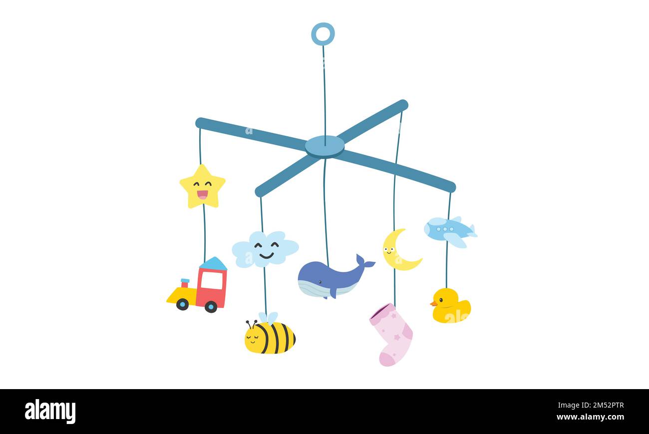 Mobiles Spielzeug für Babys. Einfaches Spielzeug zum Aufhängen im Kinderbett für den Flachvektor. Babymobil mit niedlichem Stern, Wolken, Mond, Wal Stock Vektor