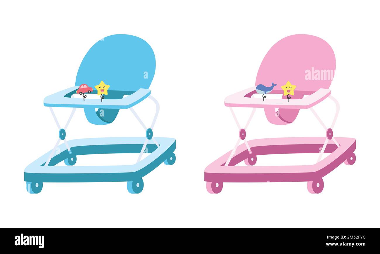 Moderner blauer und pinkfarbener Klappenstück. Einfache niedliche Lauflernhilfe mit Spielzeugen flache Vektordarstellung. Eine bunte Cartoon-Ikone im Stil eines Baby Walkers Stock Vektor
