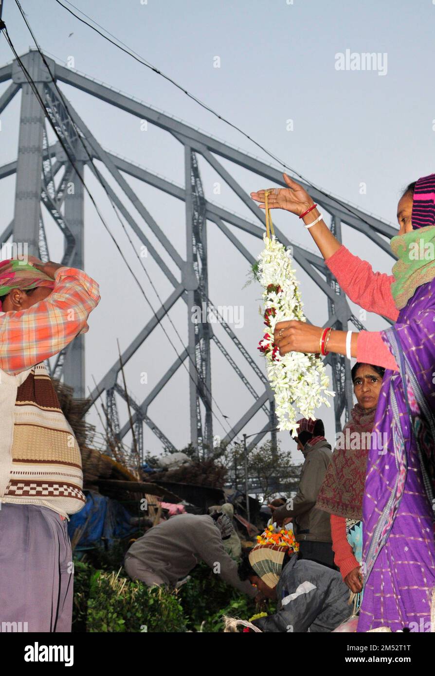 Mallick Ghat ist einer der größten Blumenmärkte in Asien. Szenen am frühen Morgen auf dem Markt in Kalkutta, Westbengalen, Indien. Stockfoto